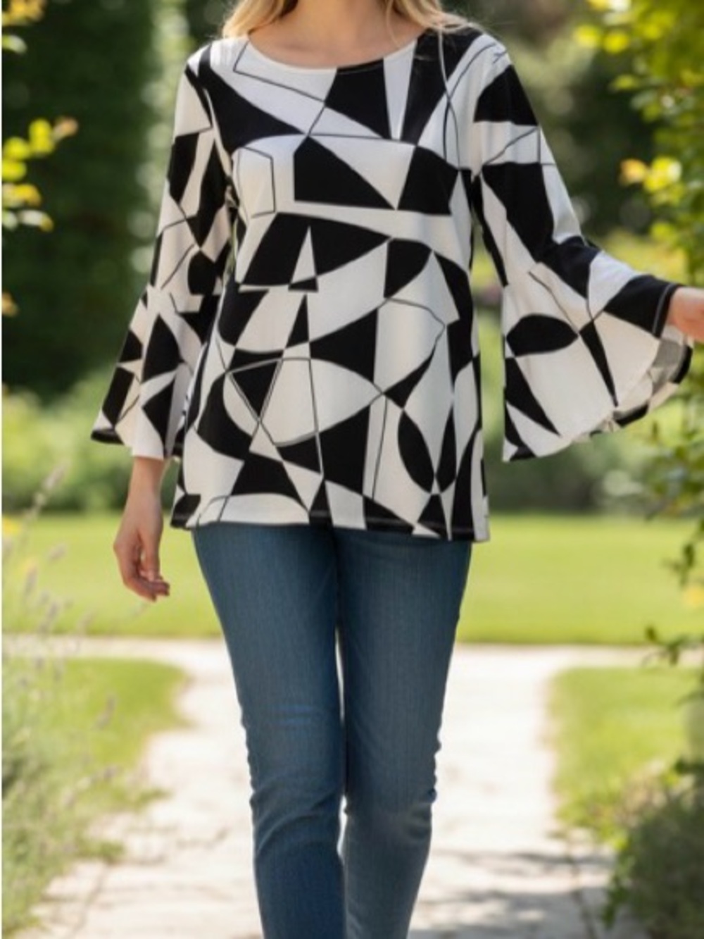 Allison Daley Black and White Geometric Bell-Sleeve Tunic